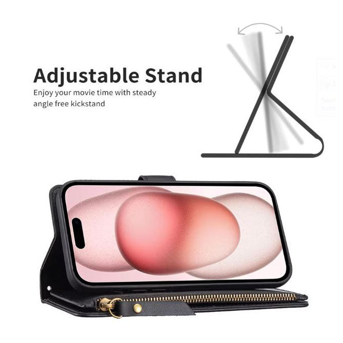 iPhone 14 Plus leather case with stand feature