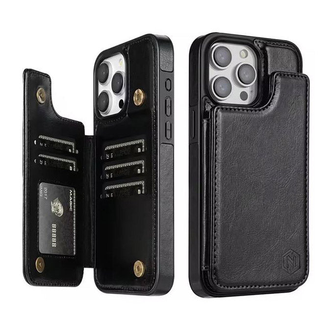 iPhone 13 leather wallet-style cover in black
