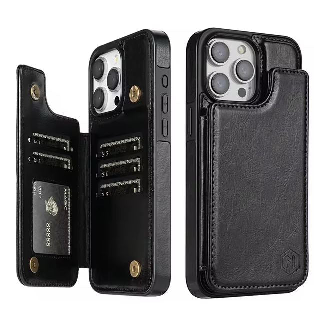 Black leather phone cover for iPhone 14 Plus
