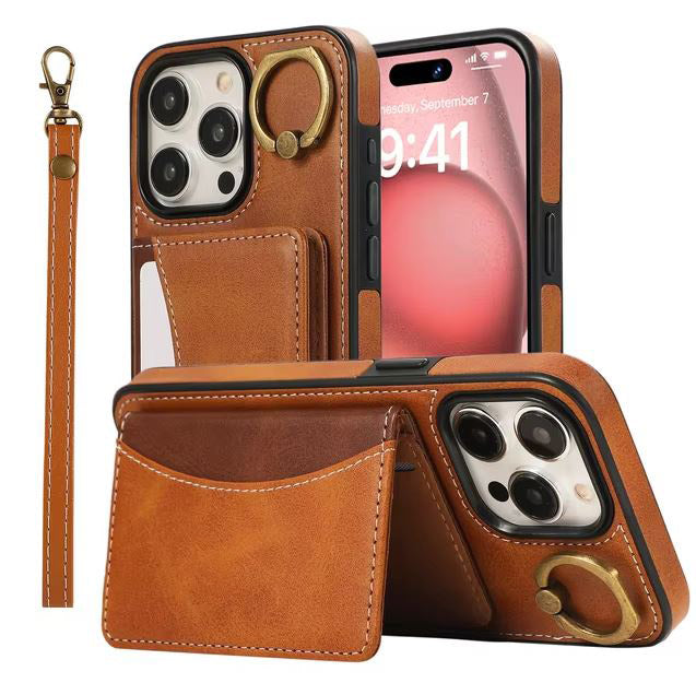 Stylish brown leather wallet case for iPhone 15 Plus
