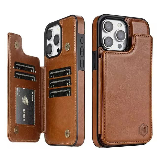 Leather iPhone 15 Plus cover with magnetic closure
