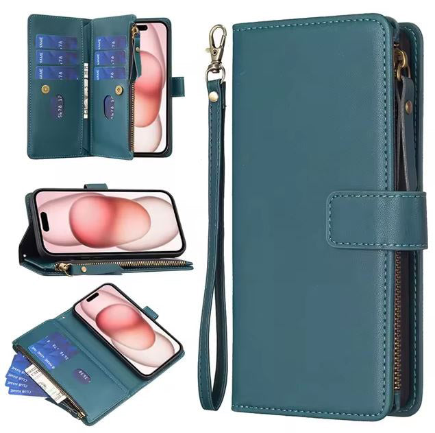 iPhone 15 leather case with magnetic closure and zip